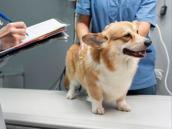 Corgi on an exam table with veterinary staff