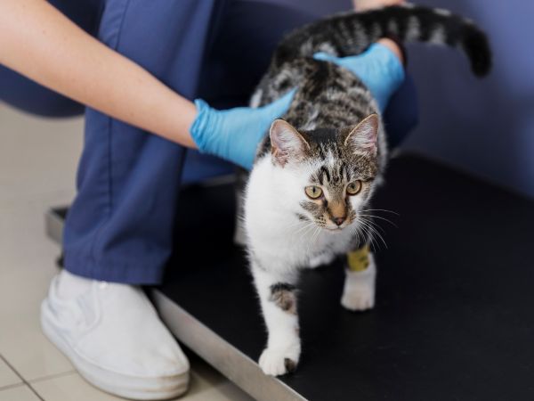 Vet holding a cat on a scale