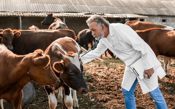 A veterinarian in a white coat uses a stethoscope to examine a cow