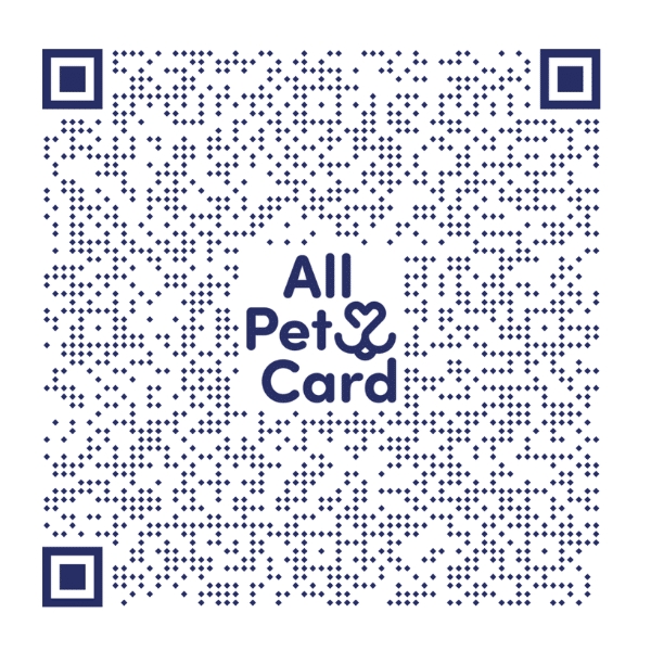 A QR code with the text "All Pet Card" and a heart-shaped paw print in the center.