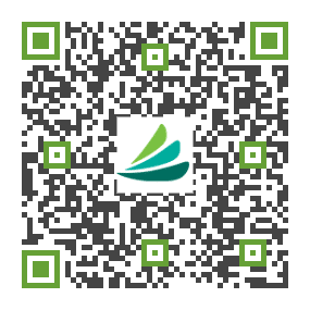 A QR code with a green and teal abstract logo in the center, featuring green square accents on the corners.
