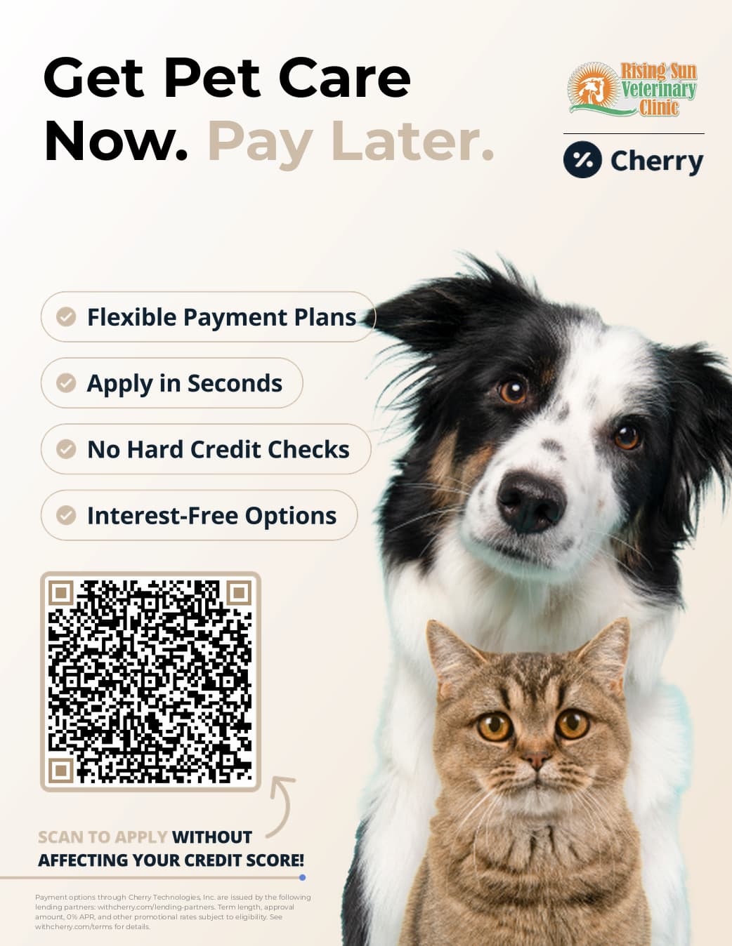 A black and white dog and a brown tabby cat pose in front of a sign advertising pet care financing options, including a QR code for application.