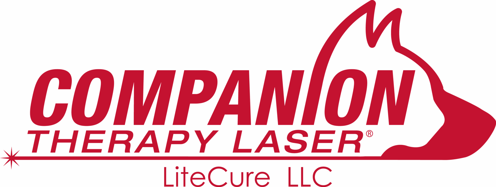 Red logo for Companion Therapy Laser by LiteCure LLC, featuring stylized text and an outline of a dog's head with a laser beam extending from the letter "C.